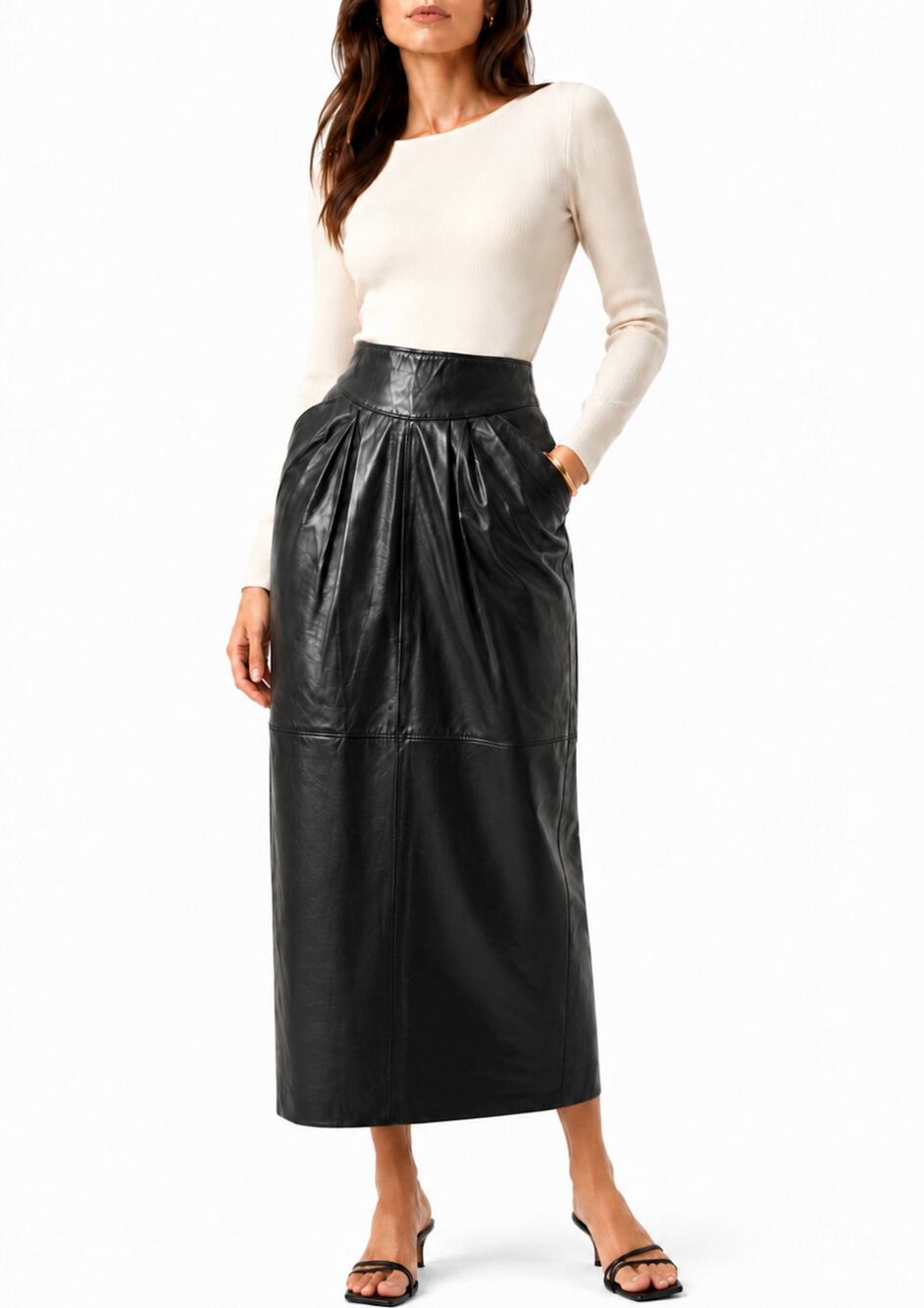 Vintage Norskinn Black Leather Midi Skirt Deadstock High Waist Pockets W26